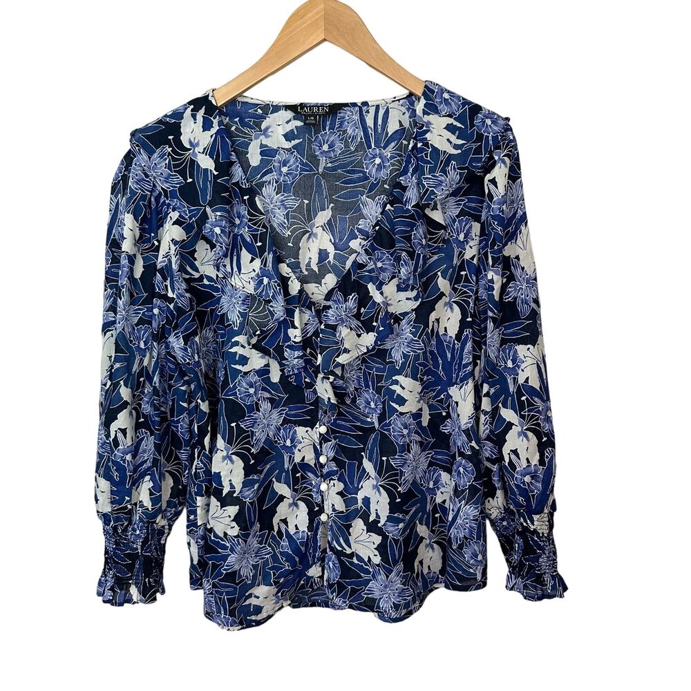 Lauren Ralph‎ Lauren Black Label L Blue White Floral Ruffled Top Long Sleeve